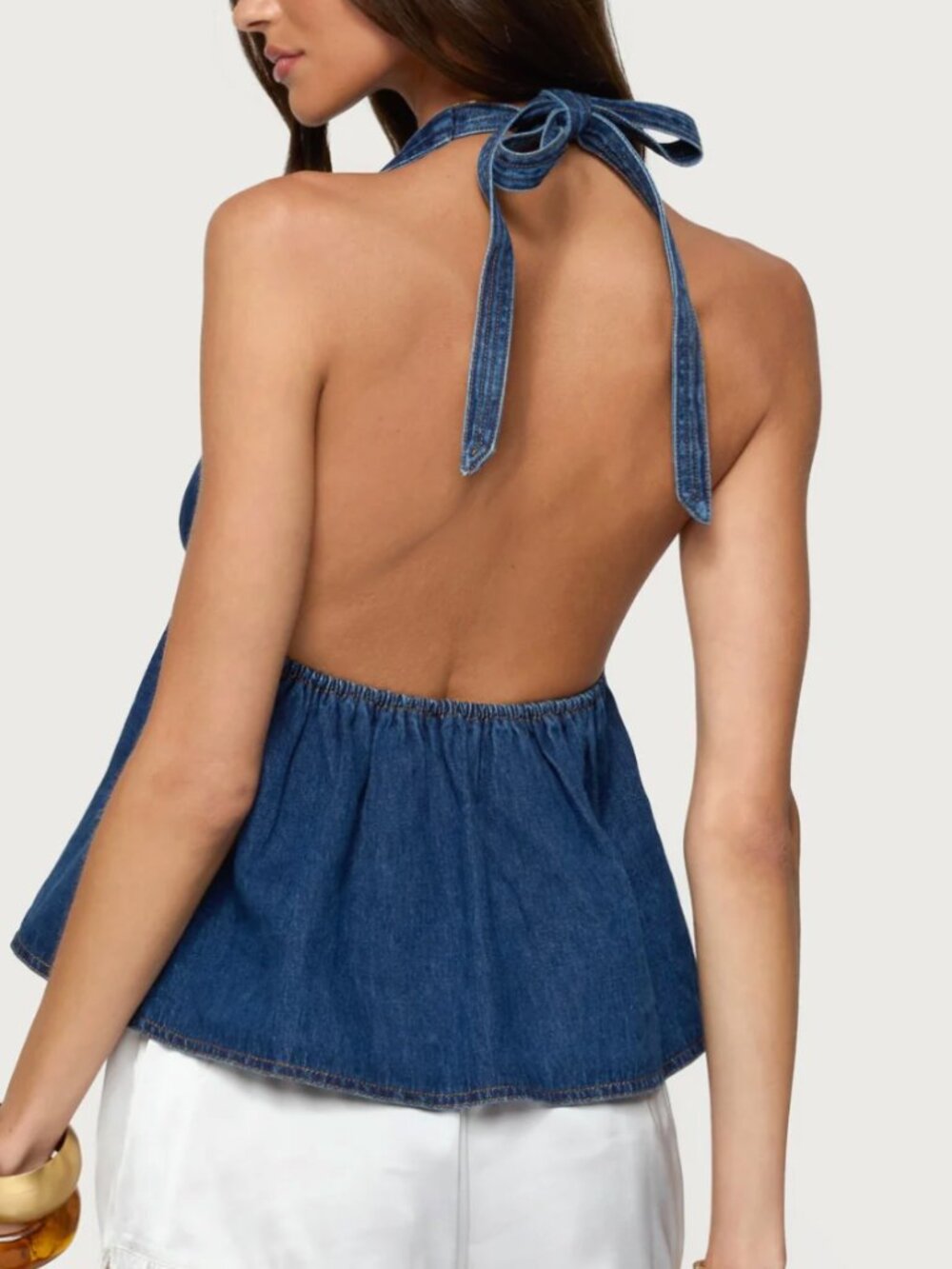 Edikted Denim Halter Top | Dark Wash Open Back Tie Top - Picture 3 of 3